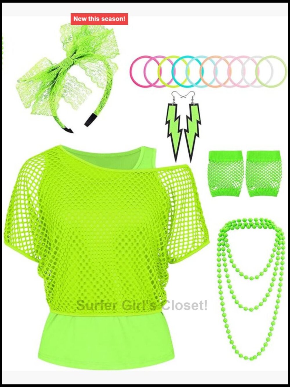 80s Neon Fishnet Costume Set - Off Shoulder Top Gloves Accessories Halloween